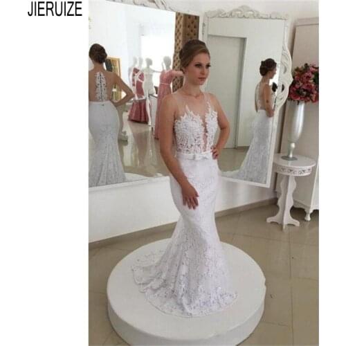 JIERUIZE Modest Lace Mermaid Wedding Dresses Jewel Neck Bridal Gowns Appliques With Bow Belt Vestidos de novia Bride dresses