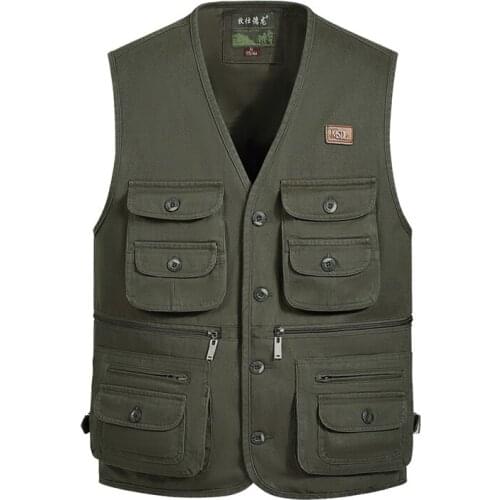 Male Work Sleeveless Jacket 100% Cotton Fishing Vest with Many 12 Pockets Men Multi Pocket Photography Waistcoat Classic Solid