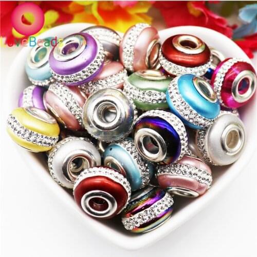10Pcs Mixed Color 17mm Big Round Luxury Rhinestone Crystal Big Hole European Beads Fit Bracelet Bangle Pendant Charm DIY Jewelry