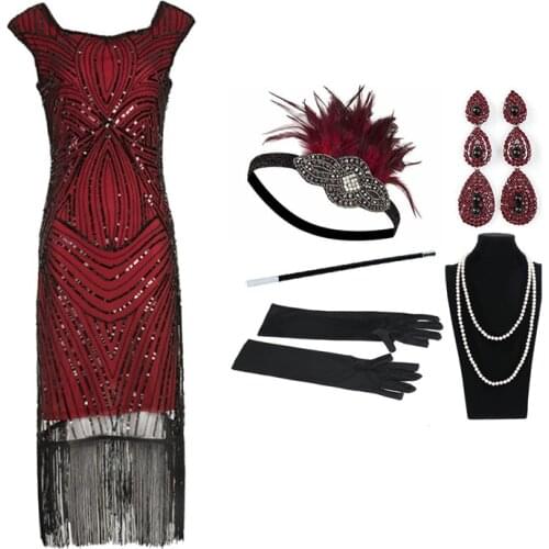 1920s Luxurious sequined beaded fringe dress party annual party short style dress and headpiece gloves five-piece
