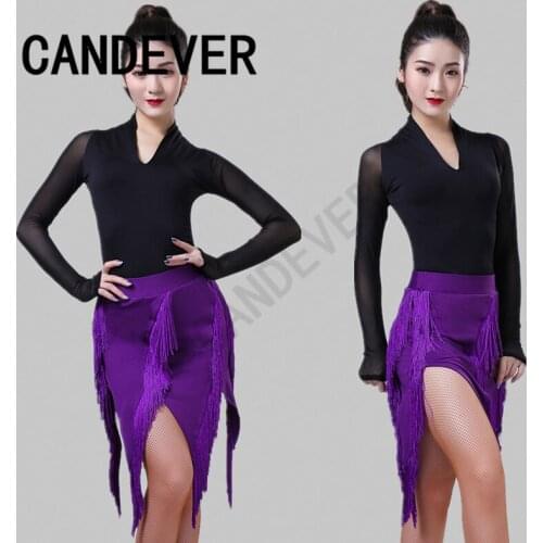 2020 adult Modern Ballroom Latin Dance Dress lace top skirts tassel Fringe Salsa Tango Dance Wear Black Performance Stage Wear