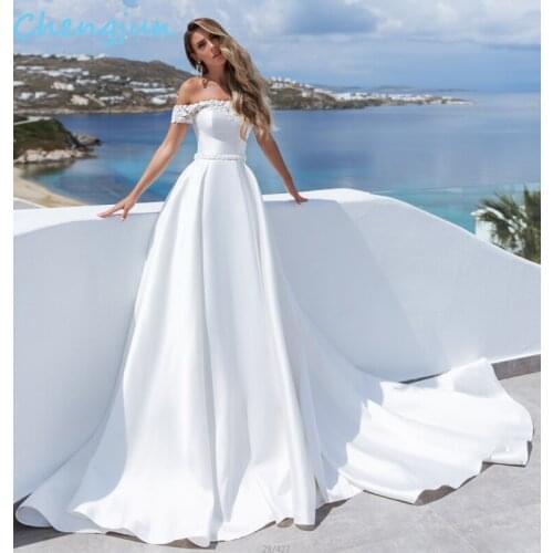 Chengjun Boat Neck Ivory A Line Lace Beaded Belt Satin Wedding Dresses