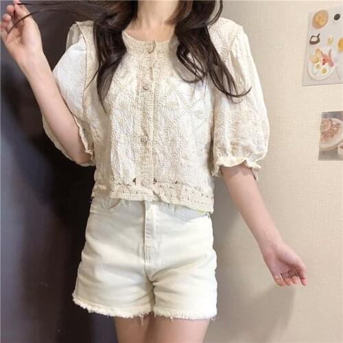 Blusas Mujer De Moda 2021 Vintage Top Lace Solid Puff Sleeve Shirts Female Top Free Shipping Items Clothes for Women White 0902
