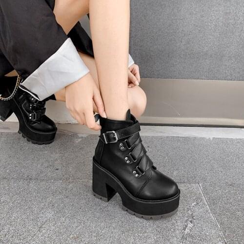 New Fashion Spring Autumn Platform Ankle Boots Women Thick Heel Platform fur Boots Ladies Worker Black winter Boots LJA933