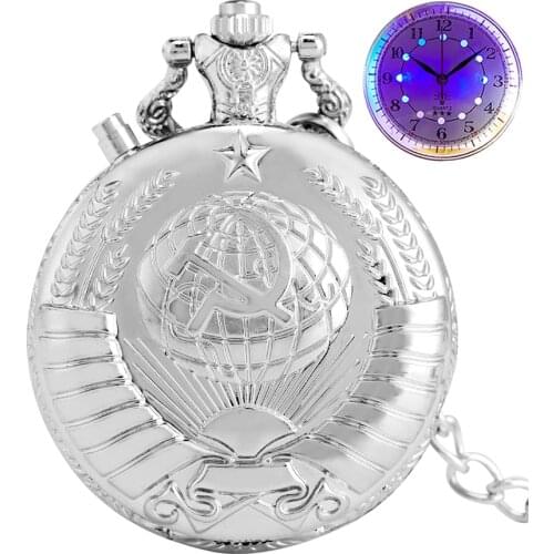 Luminous LED USSR Soviet Sickle Hammer Style Quartz Pocket Watch Chain CCCP Russia Emblem Communism Light Necklace Watches Gifts