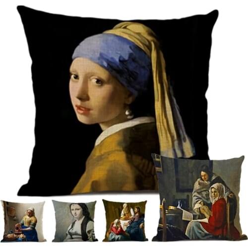 Art Decoration Cushion Cover 45*45cm Coffee Bar Hotel Office Linen Pillow Cover Johannes Vermeer Art Oil Painting Pearl Girl