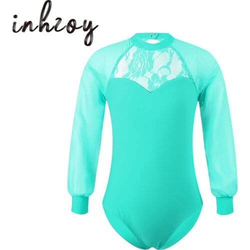 Kids Mesh Long Sleeve Lace Embroidered Flower Open Back Ballet Leotards For Girls Dance Wear Gymnastics Leotard Dance Bodysuit