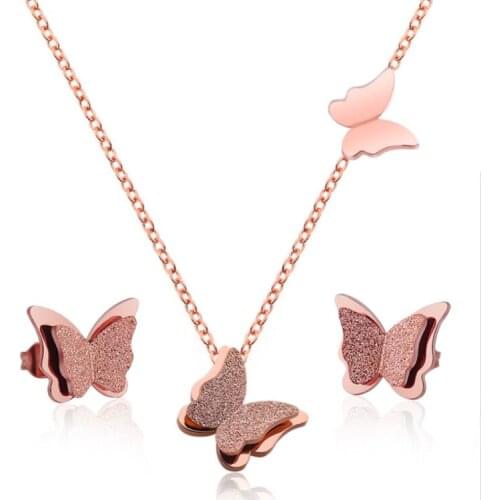 Elegant Rose Gold Color Double Layer Butterfly Jewelry Set Fashion Cute Stainless Steel Matte Animal Women Earrings Necklace