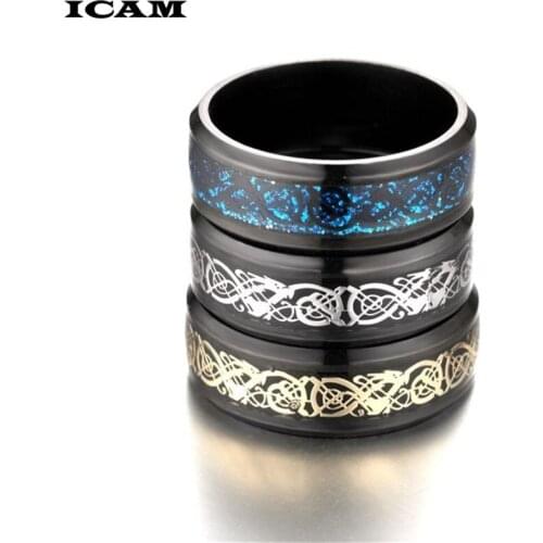 ICAM Man Ring Blue Gold Carbon Fiber Black Dragon Inlay Comfort Fit Stainless steel Rings for Men Wedding Band Ring