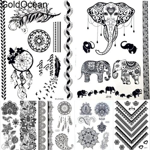 Indian Black Henna Tattoo Stickers Girls Arm Dreamcatcher Body Art Temporary Tattoo Elephant Ganesha LegsWaterproof Tatoos Women