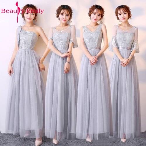 Beauty-Emily Lace Long A-line Grey Bridesmaid Dresses 2020 Off the Shoulder Lace Up Homecoming Party Dresses