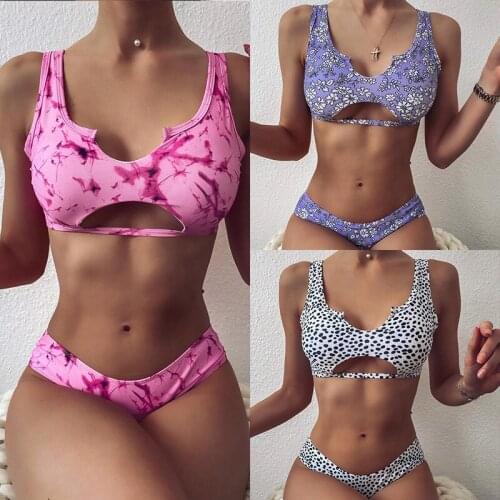 Sexy Tie Dye Bikini Bandeau Swimsuit Women Print Swimwear Female Keyhole Bathing Suit Women High Cut Biquini Bathers
