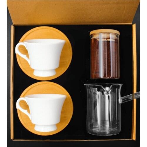 Double Bamboo Porcelain Turkish Cup Set & Glass Coffee Pot & Turkish Coffee with Jar