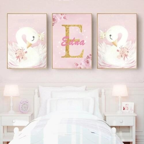 Personalized Baby Name Posters Custom Nursery Pink Wall Art For Girl Bedroom Canvas Painting Swan Cartoon Kids Wall Pictures Art