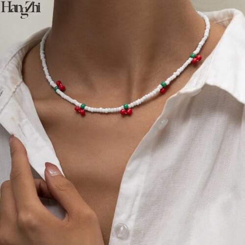 HangZhi 2021 New Ins Red Cherry Handmade Beads Sweet Clavicle Chain Necklace Bracelet for Women Girls Summer Vacation Jewelry