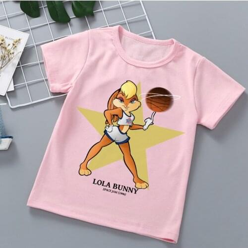 New girls t-shirt anime cartoon Space Jam Basketball graphic print childrens tshirt high-quality girl clothes pink shirt tops