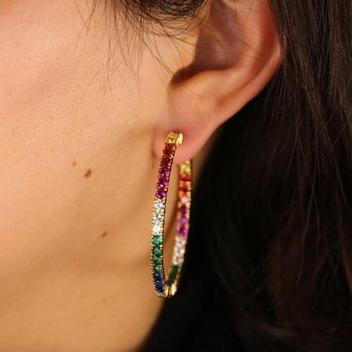 2021 New Arrived Modern Women Lady Gift Micro Pave Rainbow CZ Big Huggie Hoop Earring Gorgeous Sparking CZ Gold Color Jewelry