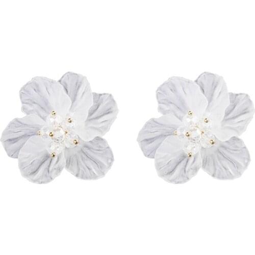 New Fashionable Seaside Resort Style Exaggerated Crystals Large Flowers White Camellia Flower Stud Earrings For Women