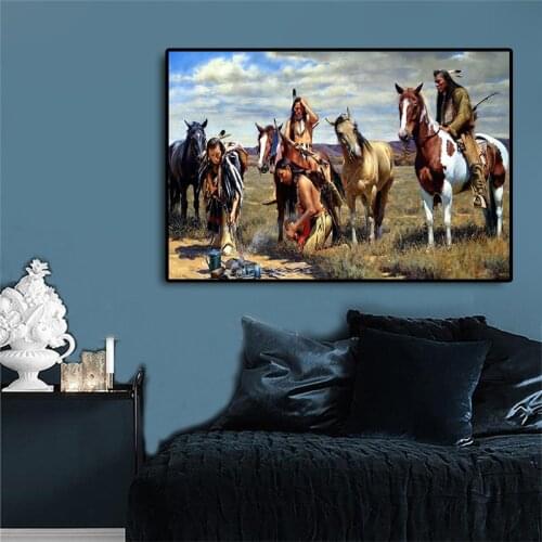 Native Indian Portrait Painting Grassland Horse Canvas Posters and Prints Scandinavian Wall Art Picture for Living Room