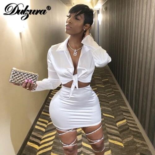 Dulzura 2019 autumn winter women two piece set satin crop top skirt bodycon lace up sexy co ord office OL streetwear clothes