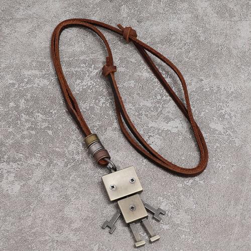 Punk Retro Leather Robot Pendant Necklace for Men Women Long Sweater Chain Hip Hop Jewelry Female Male Party Gift Wholesale