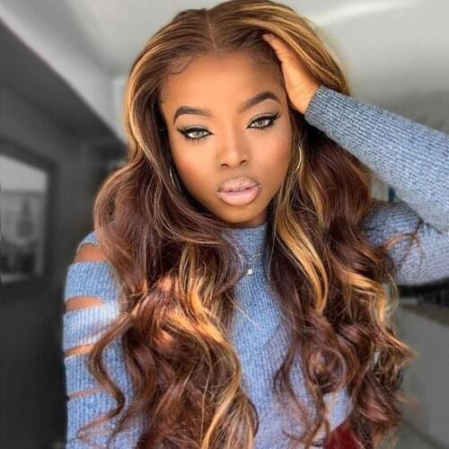 Highlight Lace Part Human Hair Wigs HD Transparent Body Wave Wigs Peruvian Remy Hair Wigs 180% Wavy Lace Frontal Wigs For Women