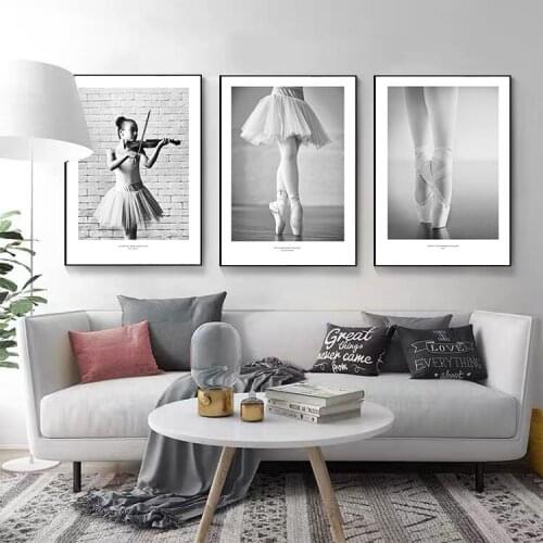 Posters and Prints Black White Violin Ballet Girl Wall Art Canvas Art Painting Vintage Wall Pictures for Kids Dance Room Decor