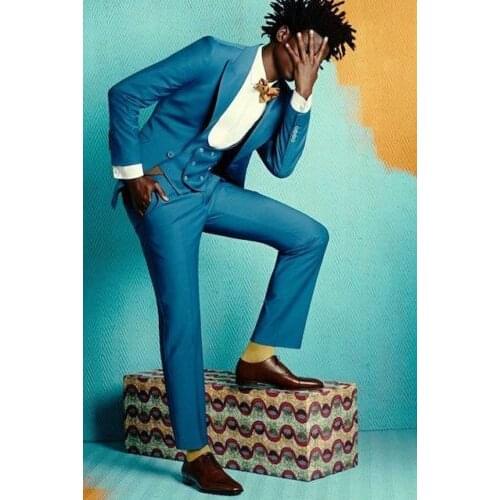 Bule Peaked Lapel Latest Coat Pant Designs Cool Unique Handsome Suit Bespoke Fashion Blazer New Arrival(Jacket+Pant+Bowtie+Vest)