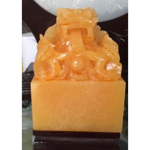 9" Chinese Natural Yellow Jade Dynasty Dragon Head Statue Seal Stamp Signet
