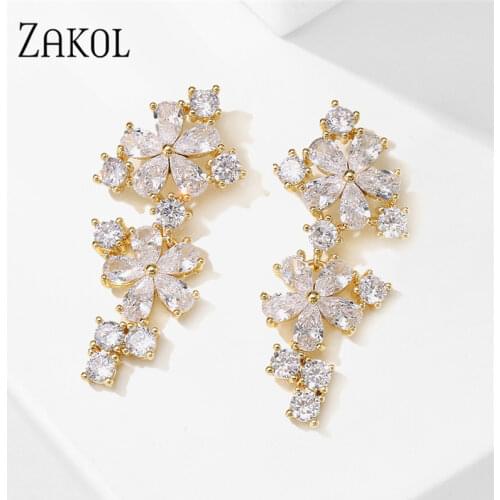 ZAKOL Romantic Temperament Shiny Flowers Cubic Zirconia Dangle Earrings Wedding Jewelry for Bride and Bridesmaids EP2918