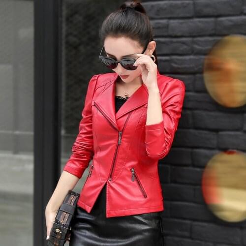 2019 New Brand Autumn Women Pu Leather Jacket Woman Zipper Short Coat Female Black Red Punk Bomber Slim Faux Leather Outwear