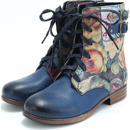 Botas Mujer Boots Womens Watercolor Rose Genuine Leather Zipper Lace Up Flat Boots Ladies Shoes Women Winter