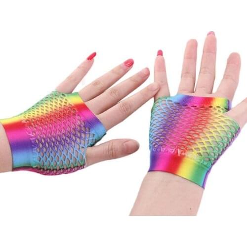 Womens Rainbow Stripes Short Fingerless Wedding Gloves Hollow Out Fishnet Wrist Length 80s Party Costume Stretchy Mittens