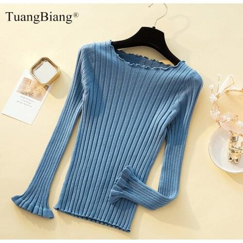 2021 Ruffled Collar Flare Sleeve Stripes Elegant Pullovers Women Ribbed Knitted Sweater Ruched Curled Cuff Elastic Office Jumper