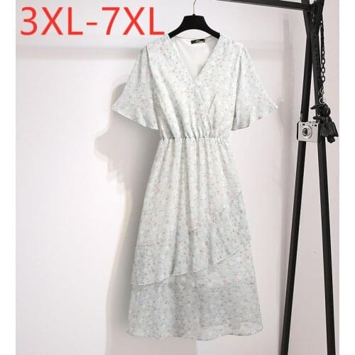 New 2021 Ladies Summer Plus Size Midi Dress For Women Large Short Sleeve Ruffle Floral Print Chiffon Dress 3XL 4XL 5XL 6XL 7XL