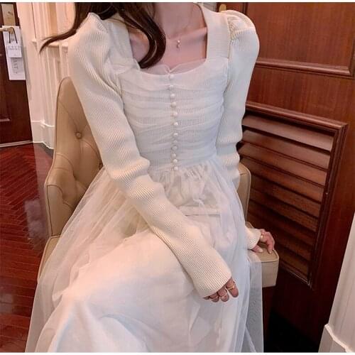 2021 Autumn Knitting Elegant Dress Women France Princess Puff Sleeve Vintage Sweet Dress Party Midi Slim Casual Korean Clothes