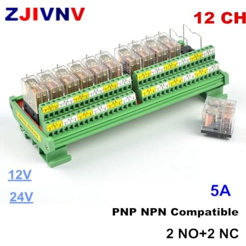 12 Channels DPDT Interface Relay Module 12/24VDC DIN Rail Panel Mount PNP NPN Compatible 2no+2nc