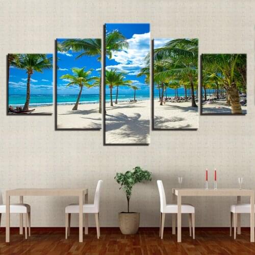 5 Pieces HD Printing Palm Tree And Beach Canvas Paintings Summer Vacation Resorts Seascape Pictures Decor Home Wall Art Modular
