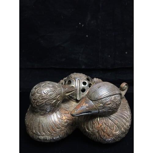 7" Tibet Buddhism Old Bronze Cinnabars Mandarin duck statue Incense burner Male and female pair of birds match made in heaven