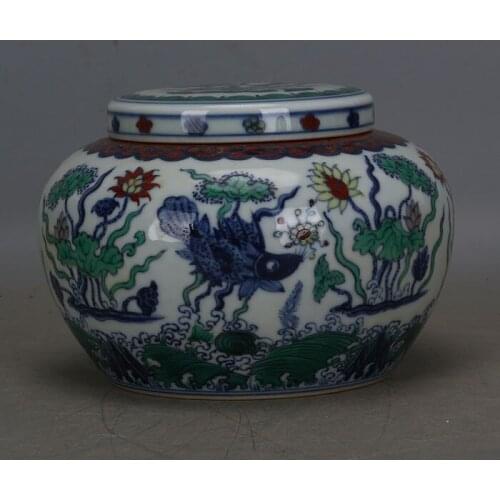 Antique MingDynasty porcelain pot,fish - algal tea cover jar,hand-painted crafts,home Decoration,collection& adornment