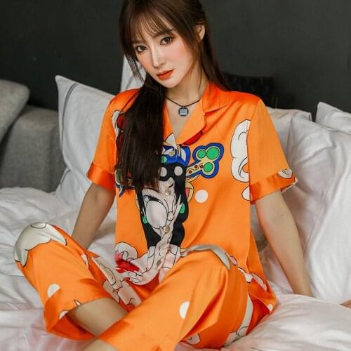 Novelty Satin Pajamas Set Summer 2PCS Sleepwear Chinese Style Pijamas Suit Orange Print Shirt&Pants Turn-Down Collar Homewear