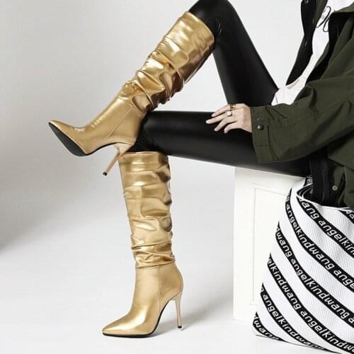 Designer Winter Boots Women Knee High Boots Pleated Thin High Heel Pointed Toe Shoes Sexy Woman Boots Gold Silver Boots 2021