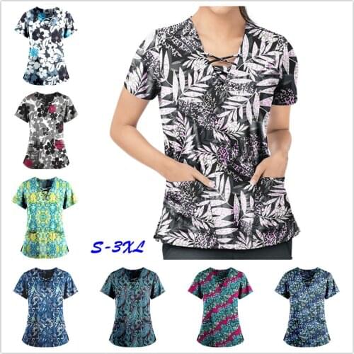 Women Print Nurse Uniform Plus Size Summer Short Sleeve V-neck Tops Nursing Working Uniform T-shirts Clinic Protective Clothing
