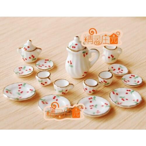G05-X4325 children baby gift Toy 1:12 Dollhouse mini Furniture Miniature rement ceramics tea set 15pcs/set Cherry