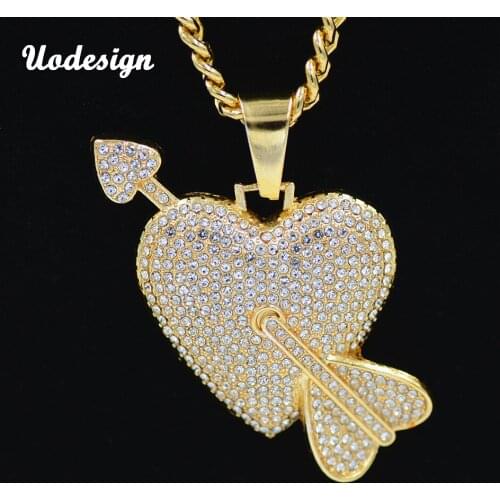 Hip Hop Full AAA An Arrow Piercing Heart Pendants Chain Necklace Couple Gold Full Lab Crystal Copper Hip Hop Jewelry Necklaces