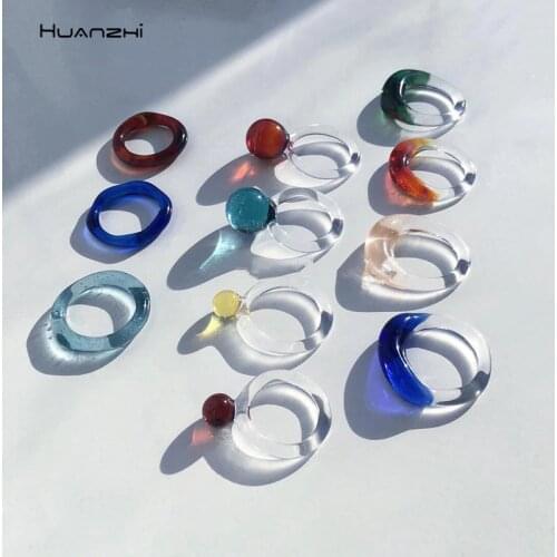 HUANZHI 2020 New Colorful Transparent Acrylic Rings Geometric Ball Glass Rings for Women Girls Korea Fashion Ring Jewelry Gifts