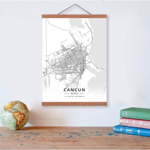 Cancun, Mexico City Map Wooden Framed Canvas Painting Home Decor Wall Art Print Pictures Poster Hanger