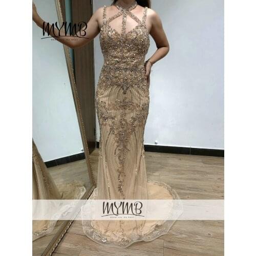 Red Carpet Beading Prom Gown For Wedding Guest MYMB Gold Sexy Back Evening Party Dress MY21102