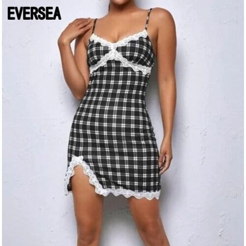 Eversea Lace Patchwork Dress Slip Sling Split Fit Design Plaid Pattern Fashion Minimal Dress