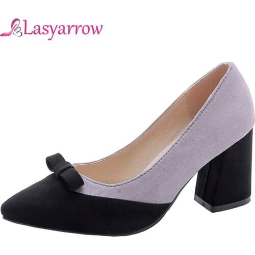 Lasyarrow Thick High Heels Pointed Toe Shallow Pumps Fashion Slip On Office Ladies Shoes For Dress Party Plus Size 30-48 J567